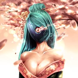  bare_shoulders breasts cleavage collarbone commentary cyborg cyclops detached_sleeves female geisha glowing glowing_eye green_hair hair_ornament hairpin half_updo hannah_santos japanese_clothes kimono large_breasts long_hair off_shoulder one-eyed original pink_background red_eyes solo 