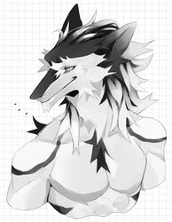  2021 almee anthro biped black_and_white black_highlights black_markings chest_tuft digital_media_(artwork) featureless_chest front_view graph_paper grey_eyes hair half-length_portrait hi_res highlights_(coloring) male markings monochrome nude portrait restricted_palette sergal smile solo tuft white_hair 