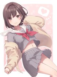  alternate_costume alternate_uniform blush border bow bowtie braid breasts brown_eyes brown_hair cardigan closed_mouth commentary female floral_background grey_serafuku grey_skirt hinata_mizuiro long_sleeves looking_at_viewer medium_breasts midriff_peek miyamasuzaka_girls&#039;_academy_school_uniform navel outside_border pink_background project_sekai red_bow red_bowtie school_uniform serafuku shinonome_ena short_hair skirt smile solo white_border 