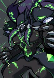  1boy armor average-hanzo black_armor black_background black_hair black_theme blazblue claws commentary emphasis_lines full_armor glowing glowing_eyes green_eyes hair_tubes jaggy_lines male_focus open_mouth sharp_teeth simple_background solo susanoo_(blazblue) teeth 