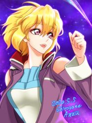  absurdres artist_name blue_shirt breasts clenched_hand clothing_cutout dated female frilled_shirt frills gundam gundam_seed gundam_seed_destiny head_tilt highres jacket medium_breasts open_mouth purple_eyes purple_jacket shirogane_anzu_(ginkgo) shirt short_hair shoulder_cutout smile solo space sparkle stellar_loussier 