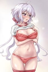  ahoge blush bra breasts clothes_lift collarbone commentary_request embarrassed female grey_hair gym_shirt hair_ornament hair_scrunchie long_hair looking_to_the_side navel open_mouth panties purple_eyes r-binon red_bra red_panties scrunchie senki_zesshou_symphogear shirt shirt_lift solo standing twintails underwear white_shirt yukine_chris 