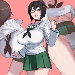  absurdres black_choker black_hair black_neckerchief blush breasts brown_eyes choker clenched_hands female from_below girls_und_panzer green_skirt hair_between_eyes highres kawashima_momo large_breasts leaning_forward neckerchief onsen_tamago_(hs_egg) panties parted_lips pink_background pleated_skirt school_uniform serafuku short_hair skirt standing thighs underboob underwear white_panties 