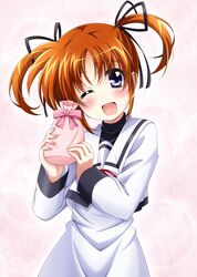  ;d black_ribbon black_shirt commentary dress female gift hair_ribbon highres holding holding_gift looking_at_viewer lyrical_nanoha mahou_shoujo_lyrical_nanoha one_eye_closed open_mouth ribbon sailor_collar sailor_dress school_uniform seishou_elementary_school_uniform shirt short_hair smile solo standing takamachi_nanoha white_dress white_sailor_collar yorousa_(yoroiusagi) 