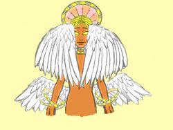  4:3 ambiguous_gender angel bioluminescence blonde_hair butt_wings choker convenient_censorship dreamscreep fan_character feathered_wings feathers glowing glowing_body glowing_eyes hair halo hi_res humanoid jewelry looking_at_viewer multi_eye necklace not_furry orange_body smile smiling_at_viewer solo white_body white_feathers wings yellow_eyes 