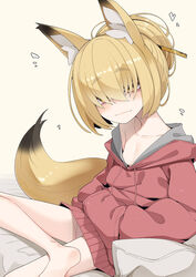  animal_ears barefoot blonde_hair bottomless collarbone crossed_legs female fox_ears fox_girl fox_tail hands_in_pocket highres hood hoodie long_bangs looking_at_viewer nabari_(ogami_kazuki) ogami_kazuki original red_hoodie short_hair solo tail yellow_eyes 