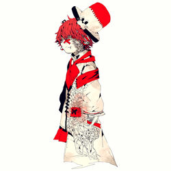  1boy 3kuma armband ascot bandaged_arm bandages closed_eyes coat colored_skin cross_scar flag from_side fukase hat headphones male_focus official_art pleated_skirt red_ascot red_eyes red_hair red_skirt scar scar_on_arm scar_on_face scar_on_mouth skirt upper_body vocaloid white_background white_coat white_skin 