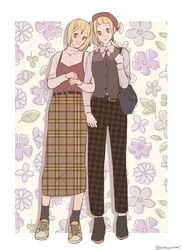  2girls :o alternate_costume arm_hug bag belt belt_buckle black_legwear black_vest blonde_hair blunt_bangs border brown_eyes buckle camisole camisole_over_clothes closed_mouth commentary_request floral_background full_body haikyuu!! hat jewelry kuribayashi_runa long_skirt long_sleeves looking_at_viewer multiple_girls neck_ribbon necklace pants pinkurohai plaid plaid_skirt red_ribbon ribbon shirt shoes short_hair shoulder_bag skirt smile sneakers twitter_username vest white_border yachi_hitoka 