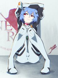  absurdres aetherion arms_up ayanami_rei blue_hair bodysuit cameltoe closed_mouth female frown full_body hair_ornament highres interface_headset knees_together_feet_apart looking_to_the_side neon_genesis_evangelion nerv on_floor plugsuit red_eyes short_hair sitting solo wall white_bodysuit 