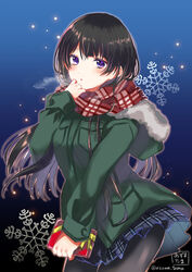  adjusting_scarf black_background black_hair blue_background blue_skirt blush breath commentary_request cowboy_shot enpera female fur-trimmed_jacket fur_trim gift gradient_background green_jacket highres holding holding_gift hood hooded_jacket jacket long_hair looking_at_viewer nijisanji norarikurari333 pantyhose parted_lips plaid plaid_scarf plaid_skirt pleated_skirt purple_eyes red_scarf scarf skirt snowflake_background solo tsukino_mito tsukino_mito_(6th_costume) twitter_username two-tone_background virtual_youtuber winter_clothes 