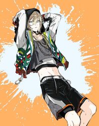  1boy black_shorts blonde_hair crop_top eichi_turnr ensemble_stars! grey_eyes grey_shirt highres hood hood_up jacket jewelry looking_at_viewer male_focus multicolored_background necklace official_alternate_costume orange_background shirt short_hair shorts solo sports_survivor_(ensemble_stars!) tenshouin_eichi white_background white_jacket white_shirt 