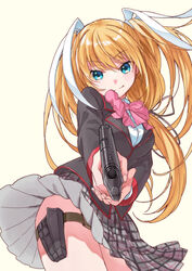  aiming blazer blonde_hair blue_eyes bow commentary commission female grey_skirt gun hair_ribbon handgun jacket little_busters! long_hair looking_at_viewer m1911 mitsuyo_(mituyo324) pink_bow plaid plaid_skirt pleated_skirt ribbon simple_background skirt solo tokido_saya twintails weapon white_background white_ribbon 