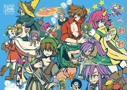  2boys 3girls animal_ears arrow_(projectile) axe bartz_klauser berserker_(final_fantasy) black_mage_(final_fantasy) blonde_hair blue_background bomb brown_hair cannoneer_(final_fantasy) cat_ears chemist_(final_fantasy) dancer_(final_fantasy) dragoon_(final_fantasy) english_commentary explosive faris_scherwiz final_fantasy final_fantasy_5 fire galuf_halm_baldesion grey_hair highres hood hoodie krile_mayer_baldesion_(ff5) kunai lenna_charlotte_tycoon md5_mismatch miri_(mirik) monk_(final_fantasy) multiple_boys multiple_girls mystic_knight ninja_(final_fantasy) pink_hair pointy_hat ponytail purple_hair ranger_(final_fantasy) star_(symbol) summoner_(final_fantasy) summoning sword thief_(final_fantasy) time_mage weapon white_hoodie white_mage_(final_fantasy) 