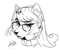  2023 anthro artist_name collar dated eyelashes eyewear female glasses hair hi_res inner_ear_fluff long_hair monochrome mouth_closed round_glasses simple_background solo tuft unknowhiter wearing_glasses 