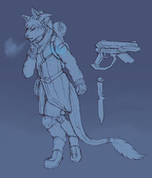  anthro backpack bedroll breath clothed clothing derala_keldral domestic_cat dragon felid feline felis female frostwyrm102 fully_clothed gloves gradient_background gun handwear hc_svnt_dracones herm_(lore) horn hybrid knee_pads knife mammal mythological_creature mythological_scalie mythology overcoat ranged_weapon rope scalie scarf simple_background solo tail tail_tuft traditional_media_(artwork) tuft vector_(hsd) weapon 