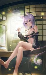  ahoge animal_ear_fluff animal_ears architecture armpit_crease bad_id bad_twitter_id bare_legs barefoot bikini bikini_under_clothes black_jacket blurry blurry_background blush breasts cat_ears cat_girl cat_tail commentary_request cropped_jacket crossed_bangs crossed_legs east_asian_architecture feet female foot_out_of_frame highres holding hololive jacket legs lens_flare long_sleeves medium_breasts navel nekomata_okayu off_shoulder outdoors purple_hair sandals shaffelli sitting solo swimsuit tail toes unworn_sandals virtual_youtuber 