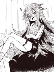  :3 :d ahoge an_fyhx arknights bare_legs blush commentary_request crossed_arms crossed_legs feather_hair_ornament feathers feet_out_of_frame female greyscale hair_between_eyes hair_ornament highres kafka_(arknights) long_hair looking_at_viewer monochrome open_mouth sitting smile socks solo thigh_strap very_long_hair 