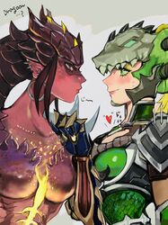  2girls absurdres armor blonde_hair breasts cleavage_cutout clenched_hand clothing_cutout collarbone colored_skin dragon_girl dragon_horns dragon_symmetra dragoon dragoon_mercy earrings eyeshadow gauntlets glaring glowing_horns glowing_skin green_armor green_eyes green_eyeshadow grey_background heart helmet highres hoop_earrings horns jewelry leaning_forward light_smile looking_at_another makeup medium_breasts medium_hair mercy_(overwatch) multiple_girls nervous_smile official_alternate_costume overwatch overwatch_1 pauldrons pointy_ears profile red_skin scale_armor scales shoulder_armor simple_background smile stud_earrings sweat symmetra_(overwatch) tsumugi_(mktmppp) upper_body yellow_eyes 