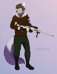  absurd_res anthro bipod bitesize_art black_hair black_nose bolt-action bolt-action_rifle bolt_action bolt_action_rifle boots canada canadian_flag canid canine canis clothing eyewear footwear fox glasses green_eyes gun hair hi_res hybrid inner_ear_fluff jacket looking_away male mammal maple_leaf military ranged_weapon rifle rifle_scope scope sniper sniper_rifle sniper_scope solo text topwear trigger_discipline tuft url weapon wolf 