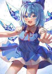  :d blue_bow blue_dress blue_eyes blue_hair blush bow cirno cowboy_shot dress female hair_between_eyes hairbow highres ice ice_wings looking_at_viewer neck_ribbon open_mouth puffy_short_sleeves puffy_sleeves red_ribbon ribbon shirt short_hair short_sleeves smile solo touhou white_background white_shirt wings yoru_usagi 