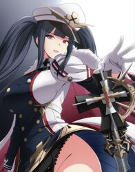  azur_lane black_hair black_panties buttons cape cowboy_shot cross double-breasted female fur-trimmed_cape fur_trim gloves hat highres iron_cross lace lace_panties long_hair long_sleeves looking_at_viewer makiri_akira panties pantyshot peaked_cap peter_strasser_(azur_lane) purple_eyes simple_background solo teeth twintails underwear upper_teeth_only very_long_hair white_gloves white_hat 