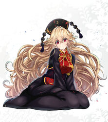  :| absurdres black_sleeves blonde_hair breasts chinese_clothes closed_mouth commentary_request crossed_bangs dot_nose expressionless eyelashes female fox_print full_body gold_trim hair_between_eyes hands_on_ground highres junko_(touhou) kurokan_(kokkyou_oudan) large_breasts long_hair long_sleeves looking_at_viewer neck_ribbon phoenix_crown pom_pom_(clothes) purple_background red_eyes ribbon sash seiza simple_background sitting slit_pupils solo tabard tassel touhou wavy_hair white_background wide_sleeves yellow_ribbon 