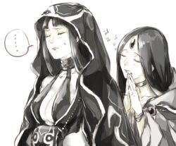  ... 2girls behind_another breasts cleavage closed_eyes commentary_request forehead_jewel gensou_suikoden gensou_suikoden_v greyscale hood hood_down hood_up hooded_robe ikunosake large_breasts leknaat monochrome multiple_girls own_hands_together robe source_mismatch speech_bubble spoken_ellipsis sweatdrop translation_request zerase_(suikoden) 