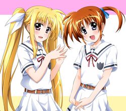  2girls :d belt blonde_hair blue_eyes blue_ribbon brown_belt brown_hair commentary_request dress fate_testarossa fingers_together hair_ribbon highres interlocked_fingers long_hair looking_at_viewer lyrical_nanoha mahou_shoujo_lyrical_nanoha_reflection multiple_girls neck_ribbon open_mouth own_hands_together pleated_dress red_eyes ribbon sailor_collar sailor_dress school_uniform seishou_middle_school_uniform short_dress short_hair short_sleeves smile standing takamachi_nanoha twintails white_ribbon white_sailor_collar yorousa_(yoroiusagi) 