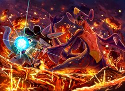  2016 ambiguous_gender anthro aura aura_sphere battle blood bodily_fluids detailed_background duo fire fur garchomp generation_4_pokemon karamimame lava lucario nintendo open_mouth pokemon pokemon_(species) red_eyes rock saliva teeth 