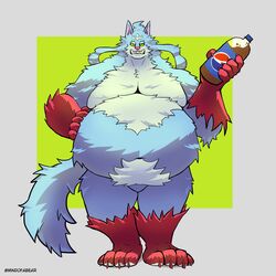  1:1 4_toes 5_fingers absurd_res anthro anthrofied artist_name barefoot belly beverage beverage_bottle big_belly blue_body blue_fur blue_tail body_hair bottle campfire_cooking_in_another_world_with_my_absurd_skill canid canine canis claws container english_text featureless_crotch feet fel_(fenrir) finger_claws fingers fluffy fluffy_tail fur gloves_(marking) green_eyes hand_on_belly hand_on_own_belly hand_on_own_stomach hands_on_belly happy_trail hi_res holding_beverage holding_bottle holding_container holding_object leg_markings logo looking_at_viewer male male_anthro mammal markings mindof multicolored_body multicolored_fur narrowed_eyes navel nude nude_anthro nude_male overweight overweight_anthro overweight_male pepsi pink_inner_ear pink_nose pubes red_body red_claws red_feet red_fur red_hands red_markings sharp_teeth socks_(marking) soda soda_bottle solo standing tail teeth text toe_claws toes twitter_handle white_body white_fur white_pubes wolf 