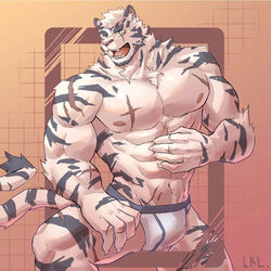  1boy abs animal_ears arknights bara briefs bulge facial_hair feet_out_of_frame furry furry_male goatee highres large_pectorals looking_to_the_side male_focus male_underwear mountain_(arknights) muscular muscular_male pectorals pukuruku scar scar_across_eye short_hair solo thick_eyebrows tiger_boy tiger_ears tiger_stripes underwear wet wet_clothes wet_male_underwear white_fur white_hair 