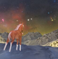  absurd_res ambiguous_gender cosmic_background dolehest equid equine feral hanilimnida hi_res horse male_(lore) mammal maxym_(bloopertrooper) mountain mountain_range night sky snow solo star starry_background starry_sky 