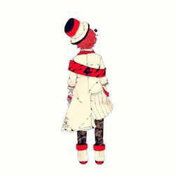  1boy 3kuma asymmetrical_clothes bandaged_arm bandages black_pants boots coat colored_skin from_behind fukase full_body hat male_focus number_print official_art pants red_eyes red_hair red_scarf scar scar_on_arm scarf solo standing vocaloid white_background white_coat white_footwear white_skin 