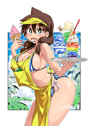  amano_megumi amano_megumi_wa_suki_darake! apron aqua_eyes arched_back artist_name bikini bow bow_bikini breasts brown_hair cleavage cloud eating female food framed hair_over_shoulder holding holding_food holding_ice_cream holding_plate holding_spoon ice_cream large_breasts long_hair looking_at_viewer low_twintails nekoguchi oerba_yun_fang official_art open_mouth palm_tree plate shiny_skin signature sky solo spoon striped_bikini striped_clothes swimsuit thick_thighs thighs tree twintails visor_cap white_bow yellow_apron 