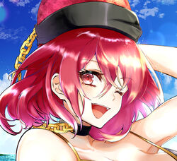  ;d arm_up bare_shoulders bikini black_choker blue_sky blush breasts chains choker collarbone commentary_request day eyelashes female gold_chain hair_between_eyes hecatia_lapislazuli highres kurokan_(kokkyou_oudan) large_breasts looking_at_viewer medium_hair ocean one_eye_closed open_mouth outdoors red_eyes red_hair sidelocks sky smile solo swimsuit teeth touhou upper_body upper_teeth_only water 