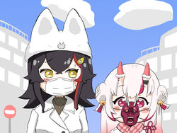  2girls alternate_costume animal_ears bad_id bad_pixiv_id bell black_hair city double_bun hair_bell hair_bun hair_ornament hat hololive horn_cover horn_warmers horns kani_bonara long_hair mask mouth_mask multiple_girls nakiri_ayame oni_mask ookami_mio red_eyes road_sign sign skin-covered_horns stop_sign surgical_mask virtual_youtuber white_hair yellow_eyes you&#039;re_doing_it_wrong 