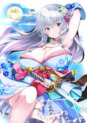  ahoge arm_up bell blue_eyes breasts cleavage closed_mouth cloud collarbone female floating_hair floral_print flower frills full_moon glint grey_hair hair_between_eyes hair_flower hair_ornament highres holding holding_sword holding_weapon jingle_bell katana large_breasts leaf long_hair moon omochishiki original purple_thighhighs sheath single_thighhigh smile solo sparkle split_mouth sword tassel thighhighs weapon white_flower 