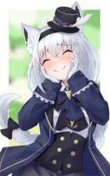  absurdres ahoge animal_ear_fluff animal_ears ascot black_bow blue_ascot blue_jacket blurry blurry_background blush border bow braid braided_ponytail breasts closed_eyes commentary_request corset facing_viewer female fox_ears fox_girl gloves grey_skirt hair_between_eyes hairband hairbow hands_on_own_cheeks hands_on_own_face hat highres hololive jacket long_hair mini_hat official_alternate_costume open_clothes open_jacket rururaroru shirakami_fubuki shirakami_fubuki_(aristocrat_kei) shirt sidelocks single_braid skirt small_breasts smile solo virtual_youtuber white_gloves white_hair white_shirt 