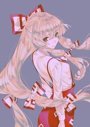  bow buttons collared_shirt female from_behind fujiwara_no_mokou hairbow highres hime_cut long_hair long_sleeves looking_at_viewer looking_back ofuda ofuda_on_clothes pants red_eyes red_pants shirt sidelocks simple_background solo suspenders touhou urushimaru0701 very_long_hair white_background white_bow white_hair white_shirt 