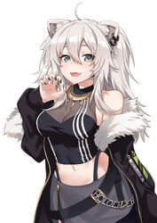  :d absurdres ahoge animal_ear_fluff animal_ears bare_shoulders black_jacket black_nails black_shirt breasts cat_ears claw_pose cleavage commentary_request ear_piercing fangs female fur-trimmed_jacket fur_trim grey_eyes grey_hair grey_skirt hand_up highres hololive ivan_wang jacket lion_ears long_hair long_sleeves medium_breasts midriff nail_polish navel off_shoulder open_clothes open_jacket open_mouth piercing puffy_long_sleeves puffy_sleeves see-through see-through_cleavage shirt shishiro_botan shishiro_botan_(1st_costume) simple_background skirt sleeveless sleeveless_shirt sleeves_past_wrists smile solo virtual_youtuber white_background 