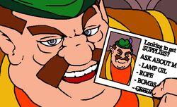  1boy 4chan archived_source bald big_nose blue_eyes brown_hair business_card card crossed_out derivative_work drawfag english_text facial_hair fat fat_man feathers green_headwear hat_feather holding holding_card jaggy_lines link:_the_faces_of_evil looking_at_viewer male_focus meme morshu moustache open_mouth parody pointy_ears purple_feathers raised_eyebrow short_hair smile solo soredemo_tsuma_o_aishiteru takabe_torao teeth the_legend_of_zelda the_legend_of_zelda_(cd-i) thick_eyebrows ugly_man upper_teeth_only 