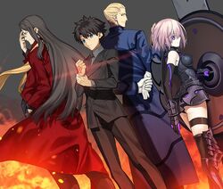  3boys aora arm_behind_back armor bare_shoulders black_hair black_jacket black_necktie black_pants black_suit blonde_hair blue_eyes boobplate breastplate breasts clenched_hand coat collar command_spell embers fate/grand_order fate/zero fate_(series) female fire formal from_side fujimaru_ritsuka_(male) fujimaru_ritsuka_(male)_(royal_brand) gloves glowing hair_between_eyes hair_over_one_eye hair_slicked_back hand_on_own_face hand_up holding holding_shield huge_weapon jacket kayneth_el-melloi_archibald long_coat long_hair looking_at_viewer looking_back looking_to_the_side lord_camelot_(fate) lord_el-melloi_ii mash_kyrielight medium_breasts medium_hair multiple_boys necktie official_alternate_costume pants parody pink_hair profile purple_eyes red_coat scarf shield short_hair sidelocks smile style_parody suit takeuchi_takashi_(style) upper_body waver_velvet weapon white_gloves yellow_scarf 