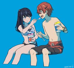  1boy bikini black_hair blue_background blush breasts couple dated eating female food gridman_universe gridman_universe_(film) hibiki_yuuta ice_cream long_hair male_swimwear official_alternate_costume open_mouth pisto1star short_hair shorts simple_background smile ssss.gridman straight swim_trunks swimsuit takarada_rikka 