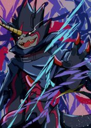  absurd_res anthro bandai_namco belt black_body black_sclera cape claws clothing digimon digimon_(species) digimon_ghost_game glowing glowing_eyes gulusgammamon hi_res horn male sharp_teeth solo teeth zunaha 