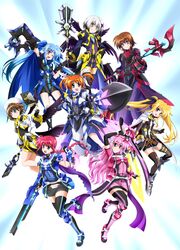  6+girls ;d absurdres amitie_florian armor armored_skirt bardiche_(blitz_saber_form)_(nanoha) bardiche_(nanoha) belt beret black_bodysuit black_dress black_hair black_jacket black_ribbon black_shorts black_thighhighs blonde_hair blue_cape blue_eyes blue_jacket blue_ribbon bodysuit boots braid braided_ponytail breasts brown_belt brown_hair cape closed_mouth commentary_request cropped_jacket crossed_legs detached_collar dress elbow_gloves fate_testarossa fate_testarossa_(blaze_iii) fingerless_gloves floating flower fortress_(nanoha) gauntlets gloves greaves green_eyes grey_footwear grey_hair grimoire_(nanoha) gun hair_flower hair_ornament hair_ribbon hairband hat highres holding holding_gun holding_staff holding_sword holding_weapon jacket juliet_sleeves kneehighs kyrie_florian leg_up levi_the_slasher long_dress long_hair long_sleeves looking_at_viewer looking_back lord_dearche luciferion lyrical_nanoha mahou_shoujo_lyrical_nanoha_detonation medium_breasts multicolored_hair multiple_girls navel oerba_yun_fang one_eye_closed open_mouth pink_dress pink_eyes pink_hair ponytail puffy_sleeves purple_eyes purple_legwear raising_heart raising_heart_streamer red_dress red_eyes red_hairband red_ribbon ribbon rod_(nanoha) short_dress short_hair short_shorts short_sleeves shorts siblings single_braid sisters smile socks staff stern_the_destructor sword takamachi_nanoha takamachi_nanoha_(formula_ii) thighhighs twintails two-tone_hair variant_zapper vulnificus waist_cape weapon white_cape white_dress white_footwear white_headwear white_jacket white_ribbon white_sleeves x_hair_ornament yagami_hayate yellow_eyes yersiniakreuz yorousa_(yoroiusagi) 