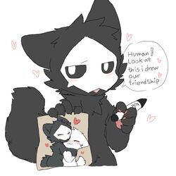  1:1 4_fingers anthro black_body black_fur blush canid canine canis changed_(video_game) chano chest_tuft closed_eyes dark_latex daww dialogue drawing duo english_text fingers fur heart_symbol holding_art holding_object hug lin_(changed) male mammal open_mouth paper pawpads paws pen puro_(changed) solo_focus text tuft white_body white_fur wolf writing_utensil 