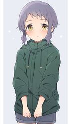  :&lt; blue_shorts blush closed_mouth clothes_pull commentary_request expressionless female green_sweater grey_background highres idolmaster idolmaster_million_live! long_sleeves looking_at_viewer makabe_mizuki mochigome_(ununquadium) pulling_own_clothes purple_hair short_hair shorts sidelocks solo star_(symbol) sweater yellow_eyes 