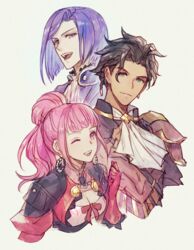  2boys alternate_costume alternate_hairstyle armor armored_dress ascot bad_id bad_twitter_id black_hair breasts claude_von_riegan closed_mouth clothing_cutout commentary_request cropped_torso dark-skinned_male dark_skin dress female fire_emblem fire_emblem:_three_houses fire_emblem_warriors:_three_hopes gloves green_eyes hair_bun hilda_valentine_goneril looking_at_another looking_away lorenz_hellman_gloucester medium_breasts mochimillet multiple_boys official_alternate_costume official_alternate_hairstyle one_eye_closed open_mouth pink_dress pink_eyes pink_gloves pink_hair purple_eyes purple_hair short_hair shoulder_armor single_hair_bun smile white_ascot 