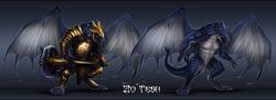  anthro armor biped blue_body bone_frill claws dragon english_text european_mythology frill_(anatomy) gold_(metal) hammer hi_res isvoc male mythological_creature mythological_scalie mythology open_mouth scales scalie simple_background solo tail teeth text tools western_dragon wings zo&#039;tesh 