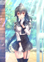  arm_up black_hair blue_sailor_collar blue_skirt brown_eyes day female garter_straps gloves hair_ribbon kantai_collection long_hair looking_at_viewer open_mouth outdoors ponytail ribbon ryu-akt sailor_collar school_uniform serafuku shirt single_garter_strap skirt standing thighhighs tree white_gloves white_ribbon white_shirt yahagi_(kancolle) yahagi_kai_ni_(kancolle) 